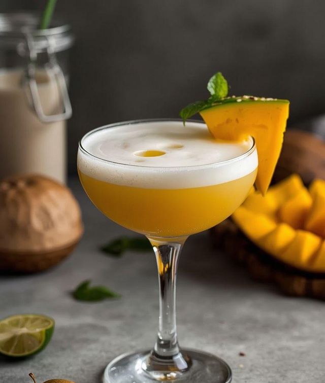 Cocktail mit Mango, Kokosmilch und Chia