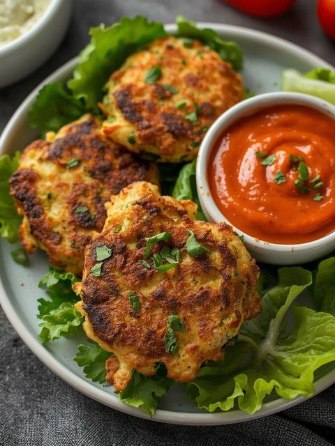 Chicken and Zucchini Fritters with Bell Pepper Dip