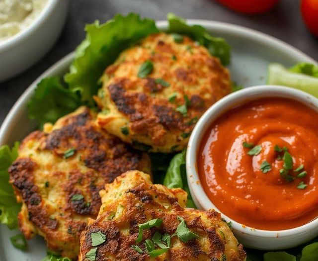 Hähnchen- und Zucchini-Puffer mit Paprika-Dip