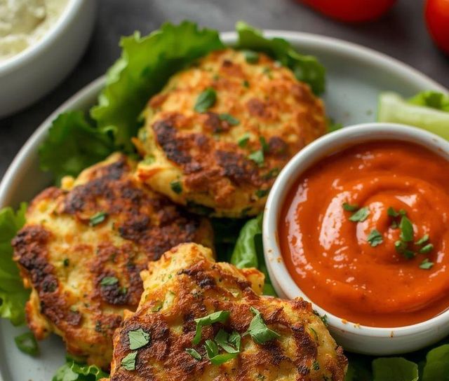 Hähnchen- und Zucchini-Puffer mit Paprika-Dip