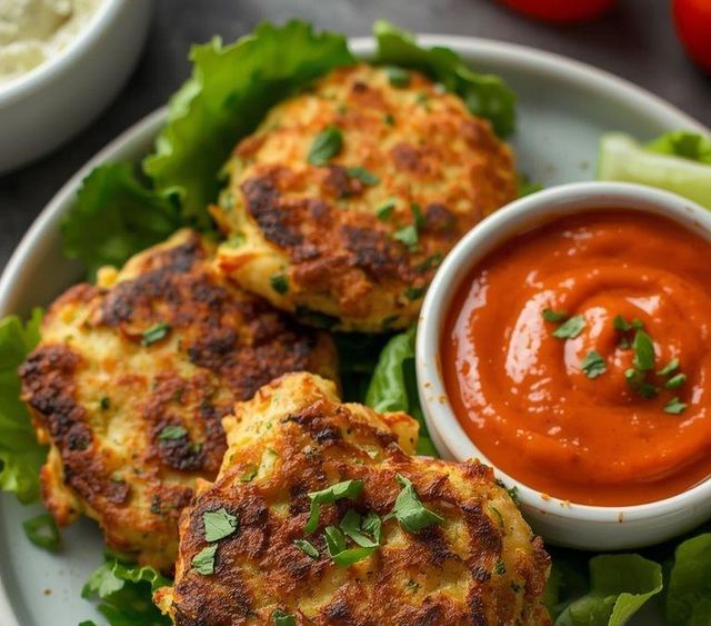 Hähnchen- und Zucchini-Puffer mit Paprika-Dip