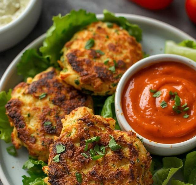 Hähnchen- und Zucchini-Puffer mit Paprika-Dip