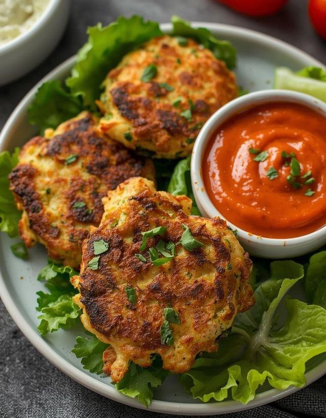 Chicken and Zucchini Fritters with Bell Pepper Dip