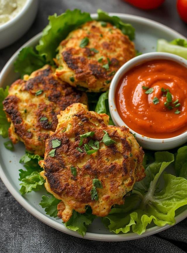 Chicken and Zucchini Fritters with Bell Pepper Dip