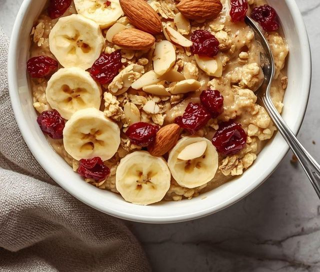 Oatmeal with banana, almonds, and dried cranberries