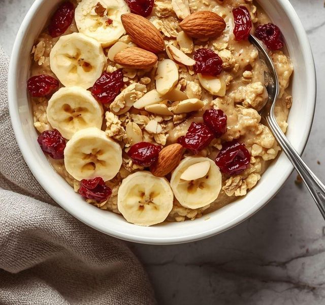 Haferflocken mit Banane, Mandeln und getrockneten Cranberries