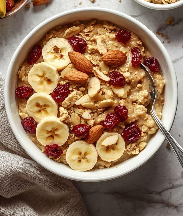 Haferflocken mit Banane, Mandeln und getrockneten Cranberries