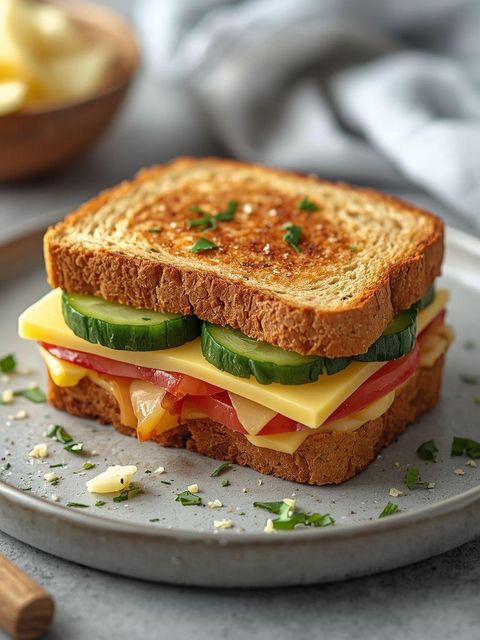 Sandwich mit Butter, gelbem Käse und Gurke