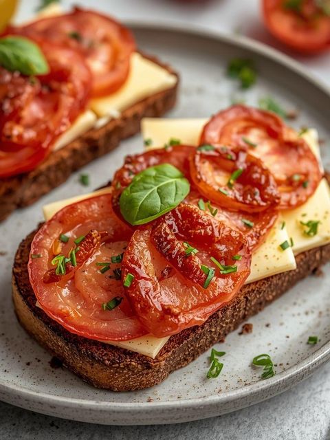 Vollkorn-Toast mit Käse, Tomate und gebratenem Schinken