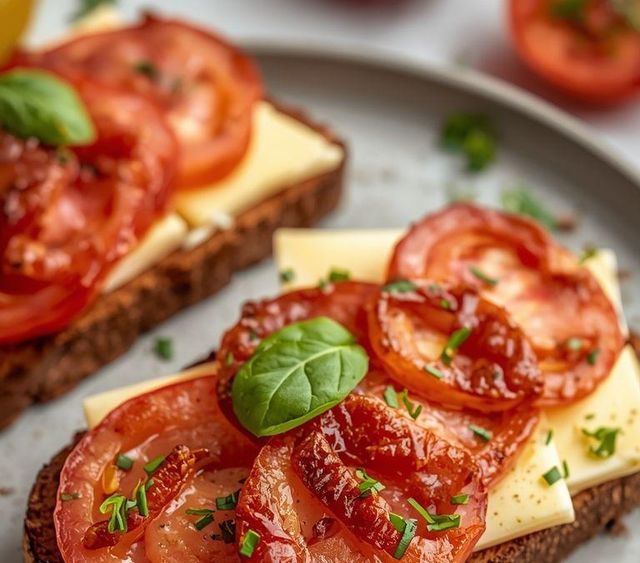 Tosty pełnoziarniste z serem, pomidorem i pieczonym schabem