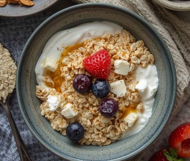 Weißer Käse und griechischer Joghurt mit Haferflocken