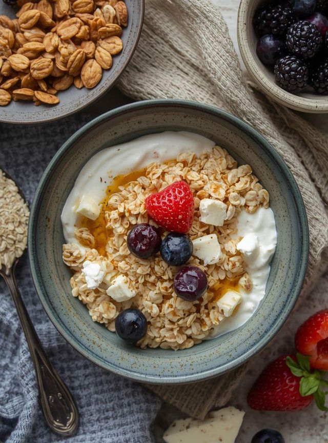 Weißer Käse und griechischer Joghurt mit Haferflocken