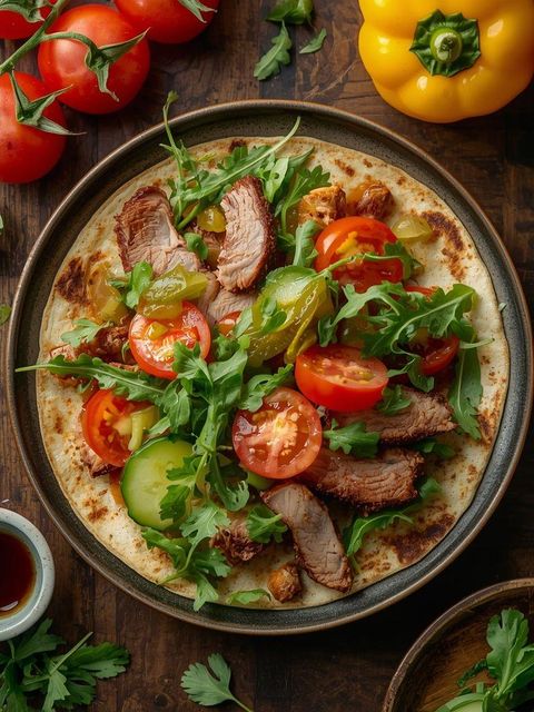 Tortilla with roasted pork, arugula, tomato, pickled cucumber, and bell pepper cold