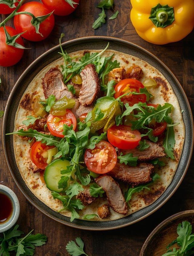 Tortilla mit gebratenem Schweinefleisch, Rucola, Tomate, Einlegegurke und Paprika kalt