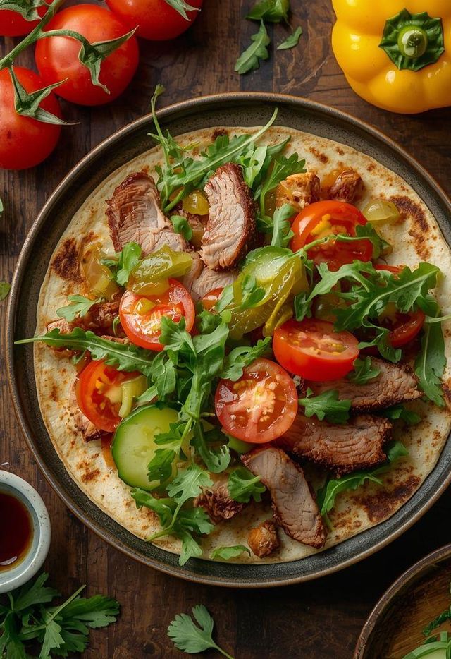 Tortilla z pieczonym schabem, rukolą, pomidorem, ogórkiem konserwowym i papryką na zimno
