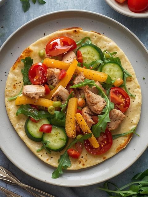 Tortilla z pieczonym indykiem, rukolą, pomidorem, ogórkiem konserwowym i papryką na zimno