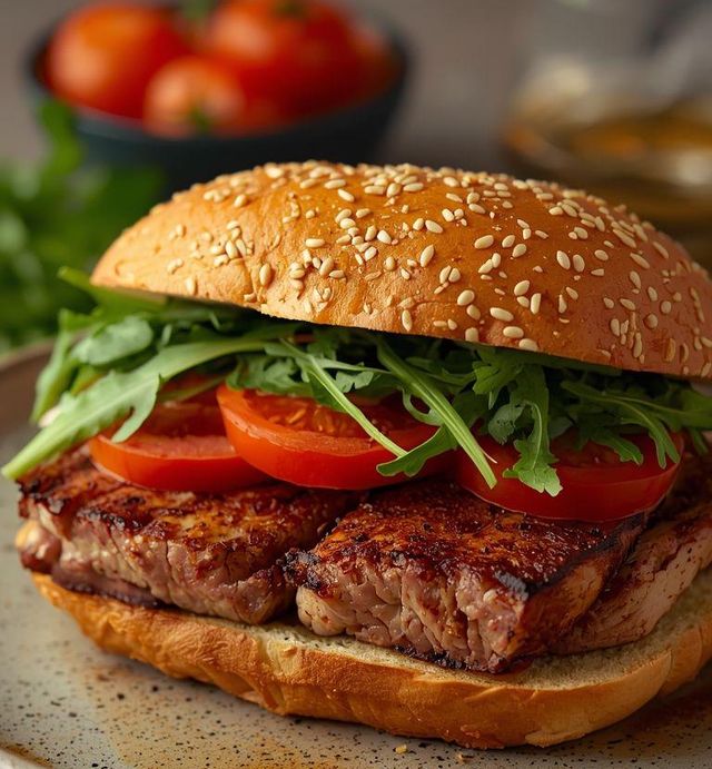 Sandwich with Roasted Pork Loin, Arugula, and Tomatoes