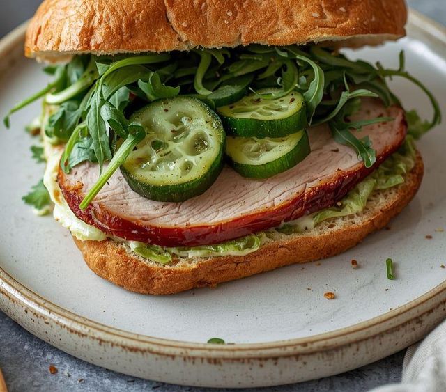 Sandwich with Roasted Pork Loin, Arugula, and Pickled Cucumber