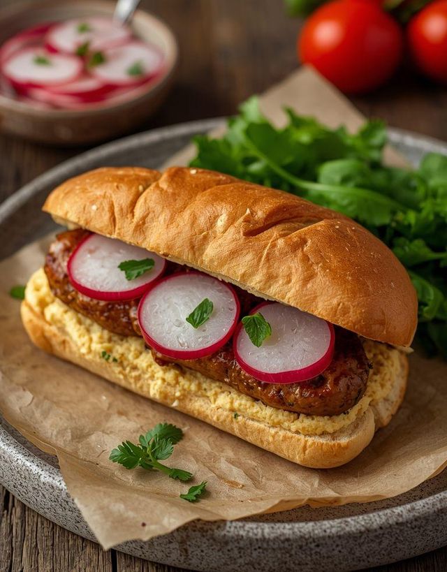 Kabanossen-Sandwich mit Hummus und Radieschen