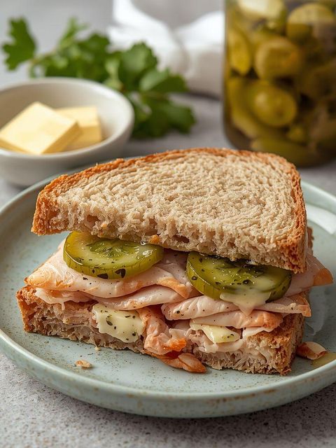 Butterbrot mit Truthahn und sauren Gurken