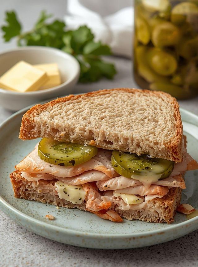 Butterbrot mit Truthahn und sauren Gurken