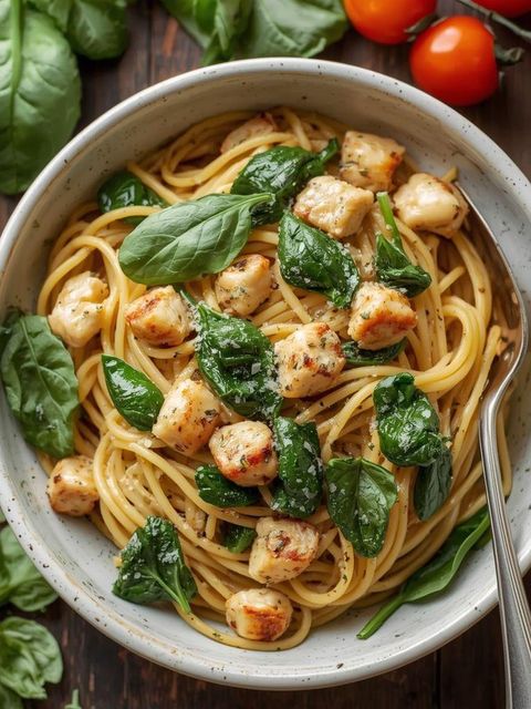 Spaghetti szpinakowe z kurczakiem