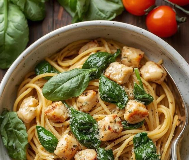 Spaghetti szpinakowe z kurczakiem