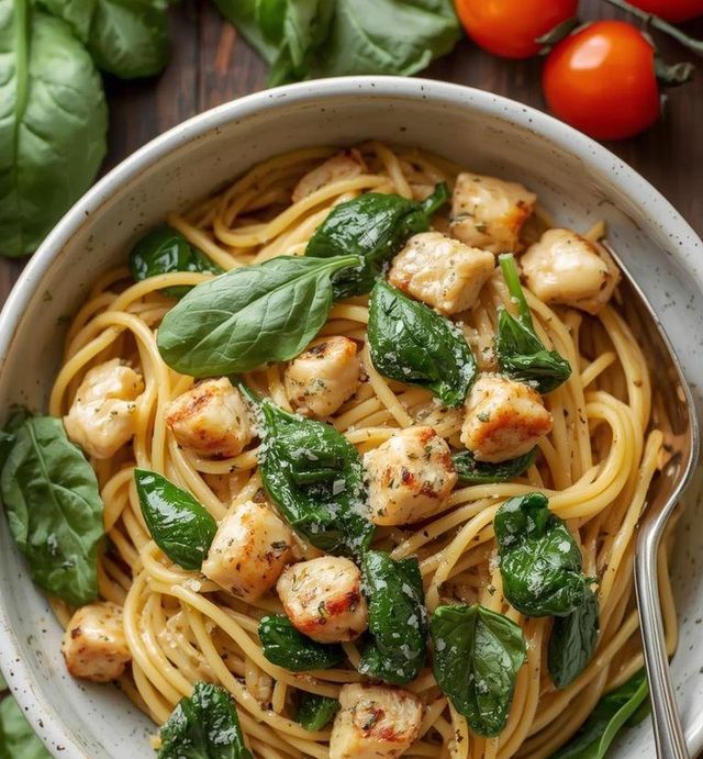 Spaghetti mit Spinat und Hähnchen