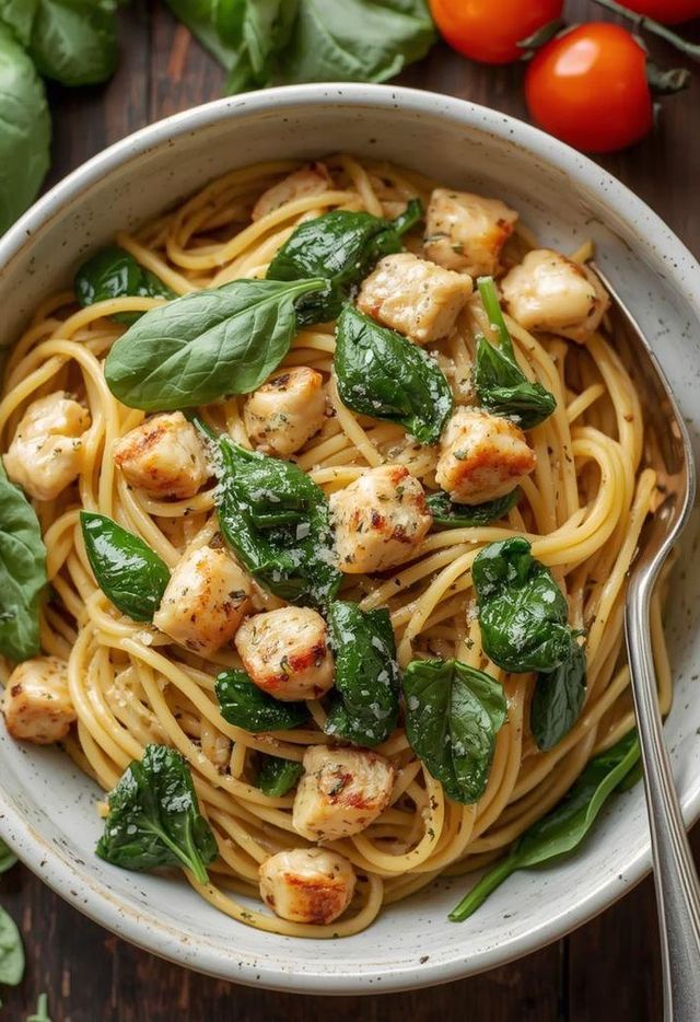 Spaghetti szpinakowe z kurczakiem
