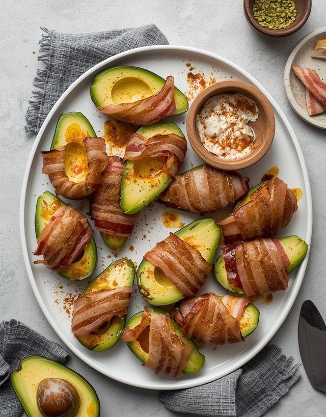 Bacon-Wrapped Avocado Slices with Garlic Coconut Dip