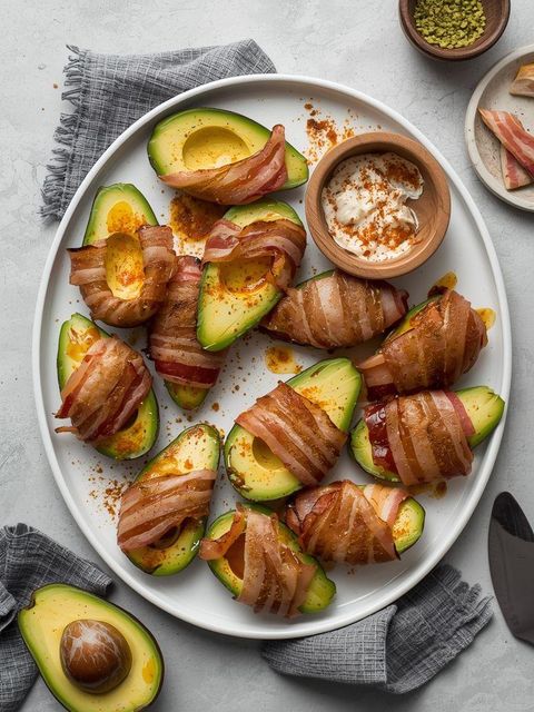 Bacon-Wrapped Avocado Slices with Garlic Coconut Dip