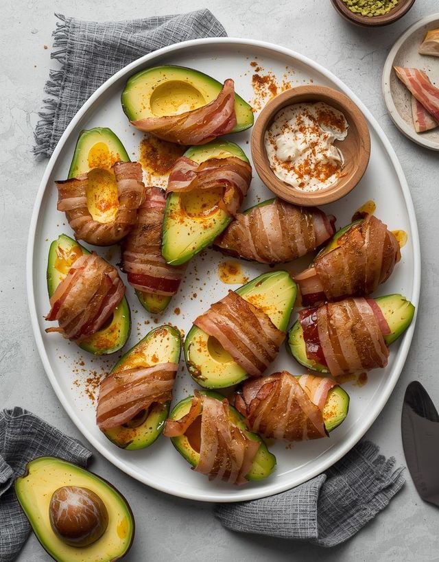 Bacon-Wrapped Avocado Slices with Garlic Coconut Dip