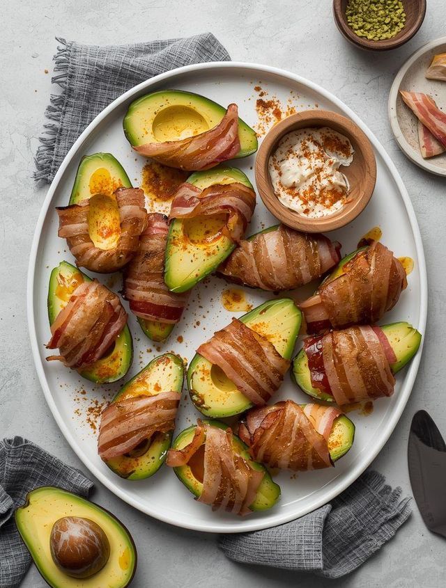 Bacon-Wrapped Avocado Slices with Garlic Coconut Dip