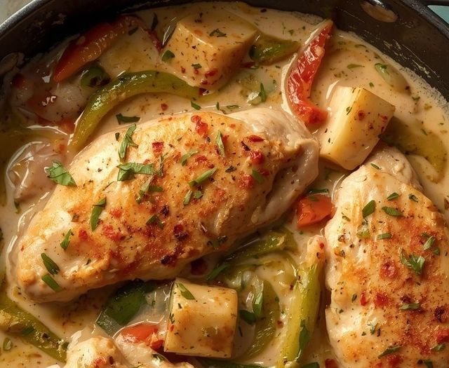 Zwiebel-Paprika-Hähnchen in Sahnesauce