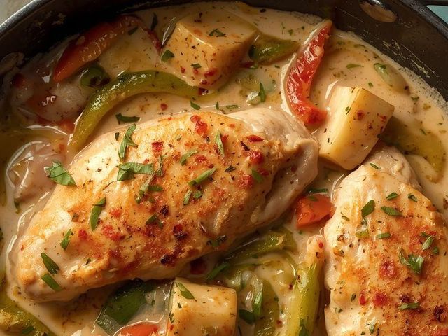Zwiebel-Paprika-Hähnchen in Sahnesauce