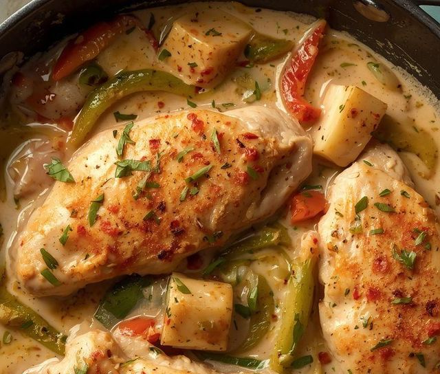 Onion-Pepper Chicken in Cream Sauce