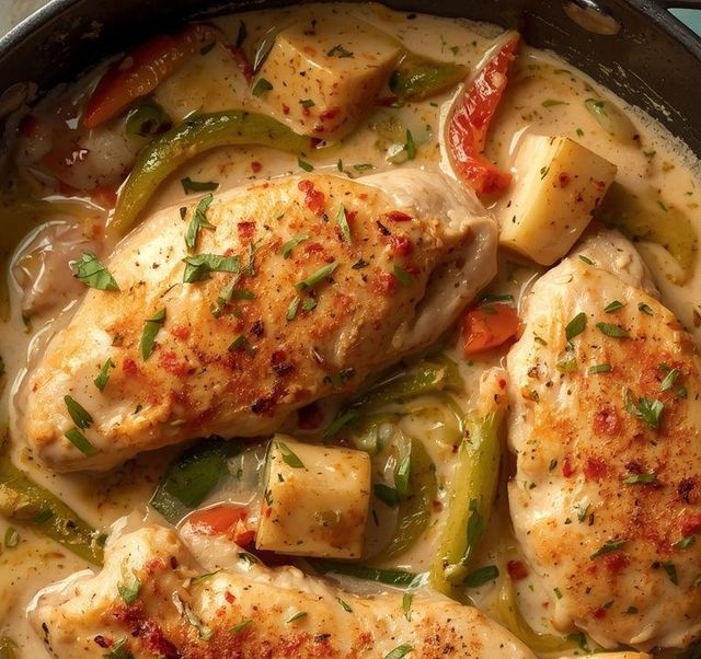 Zwiebel-Paprika-Hähnchen in Sahnesauce