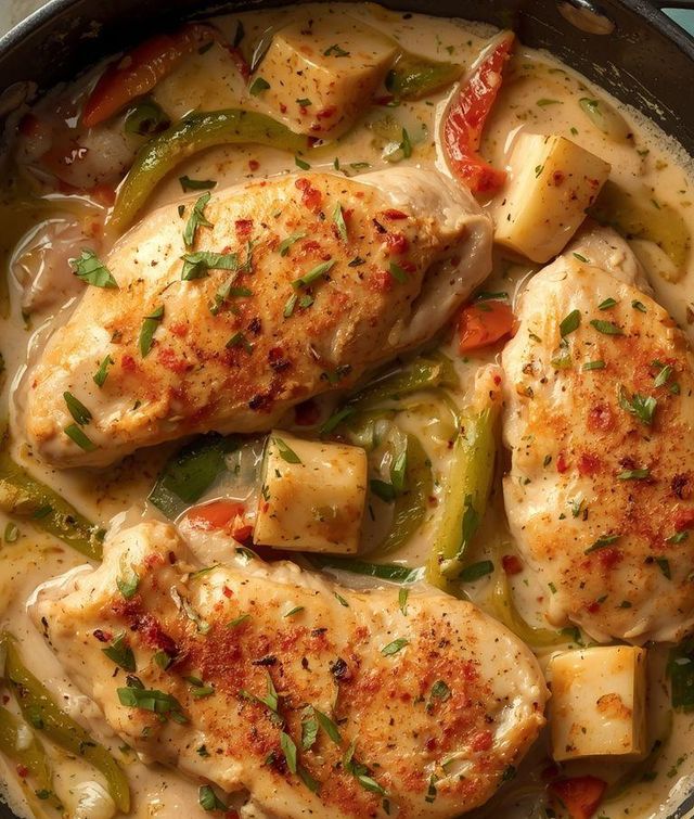 Zwiebel-Paprika-Hähnchen in Sahnesauce