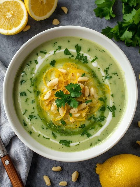 Cream of zucchini soup with lemon peel