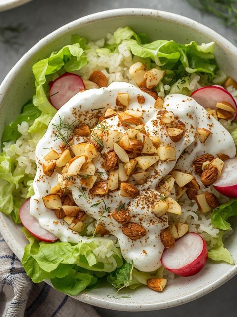 Leichter Salat mit Reis und Joghurtsoße
