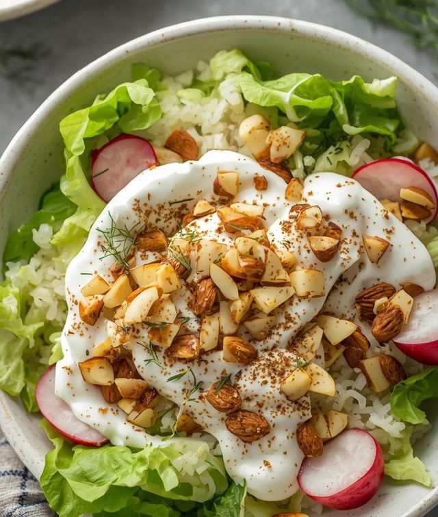 Light salad with rice and yogurt sauce