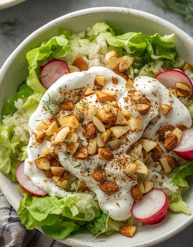 Light salad with rice and yogurt sauce