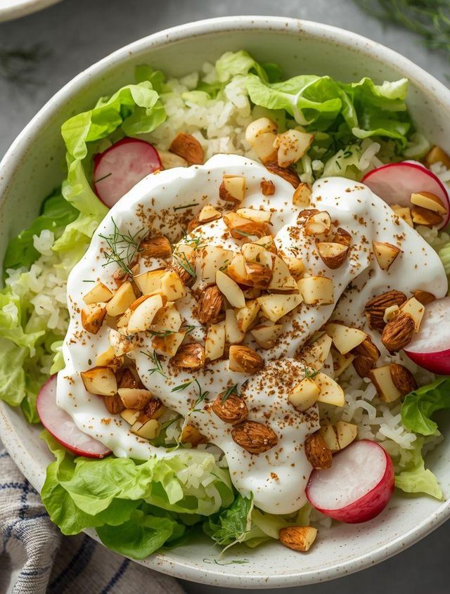 Light salad with rice and yogurt sauce