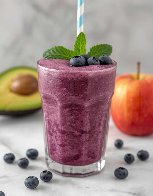 Blaubeer-, Beeren-, Apfelcocktail mit Avocado