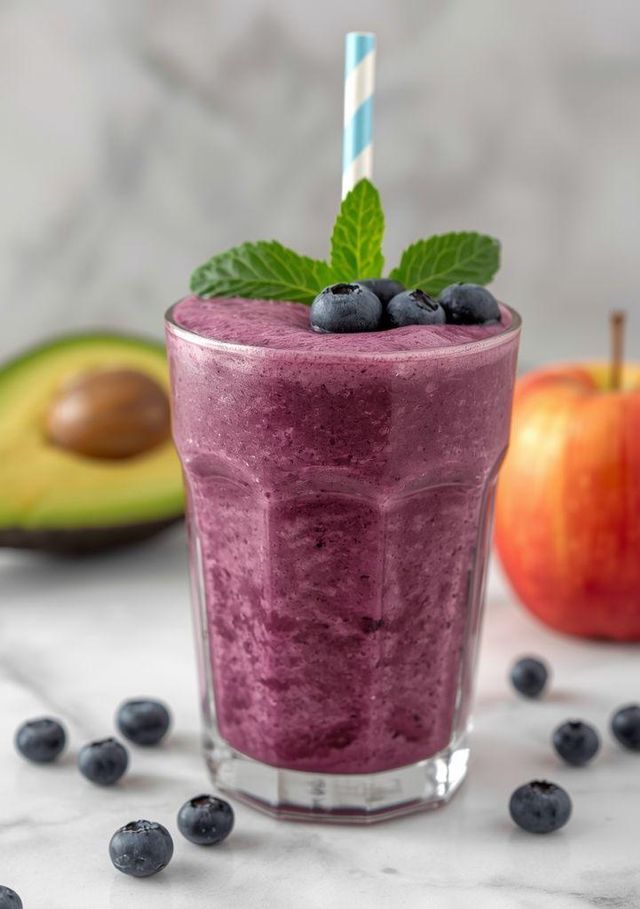 Blaubeer-, Beeren-, Apfelcocktail mit Avocado