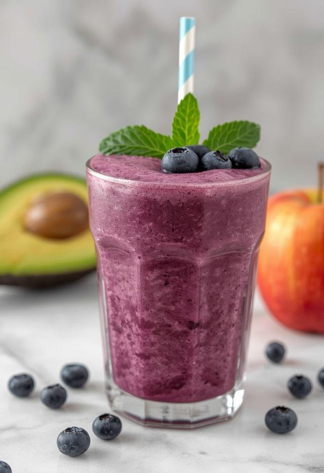 Blaubeer-, Beeren-, Apfelcocktail mit Avocado