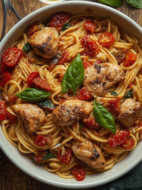 Spaghetti pomidorowo-bazyliowe ze szpinakiem i kurczakiem
