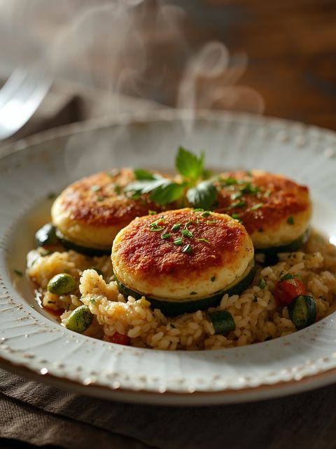 Zucchinikoteletts und Gemüse mit Reis gebacken
