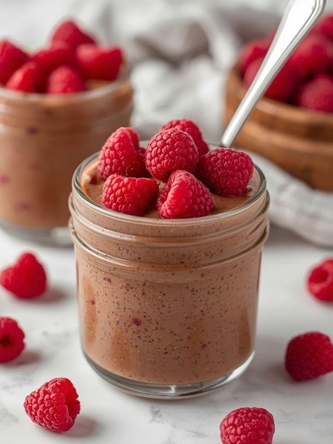 Kakao-Pudding mit Chia und Himbeeren