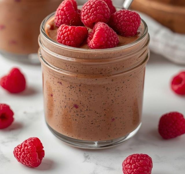 Kakao-Pudding mit Chia und Himbeeren
